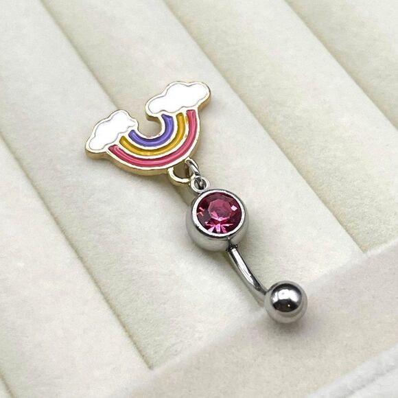 316L Stainless Steel with Pink Sapphire CZ and Rainbow Charm Dangle Belly Ring - Picture 5 of 7